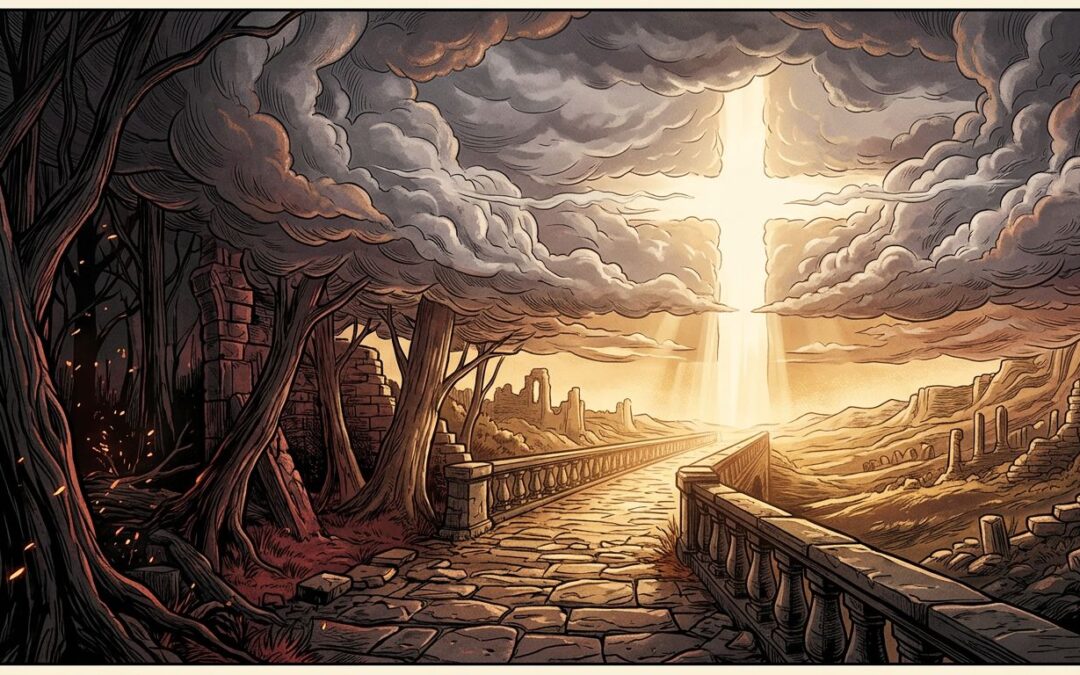A stone path leads from dark shadows toward golden light beneath storm clouds.
