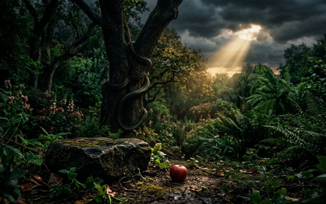A forbidden fruit and serpent-wrapped tree in a darkening Garden of Eden.