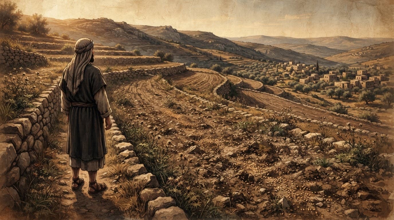 A lone farmer stands beside scattered seed on a dry stone terrace.