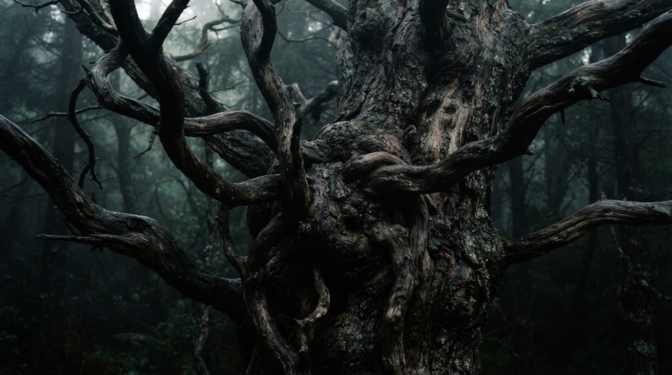 Gnarled branches wrap around a tree trunk in a dark, misty forest.