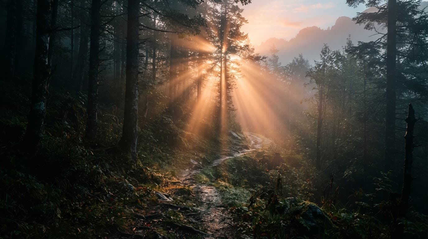 A mountain trail winds through a misty forest under golden sunrise beams.