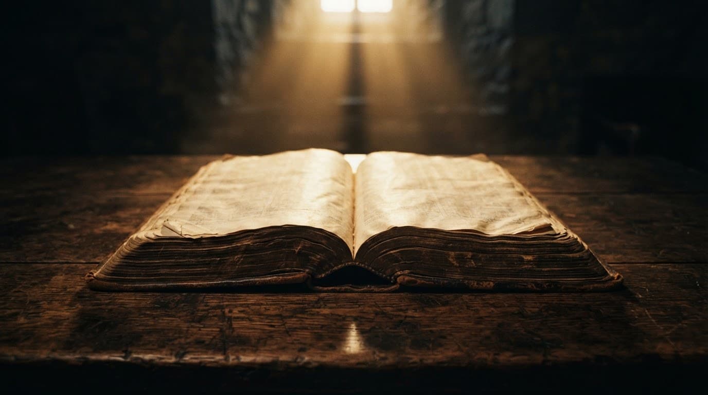 An open leather-bound Bible rests on a dark wooden table under warm light.