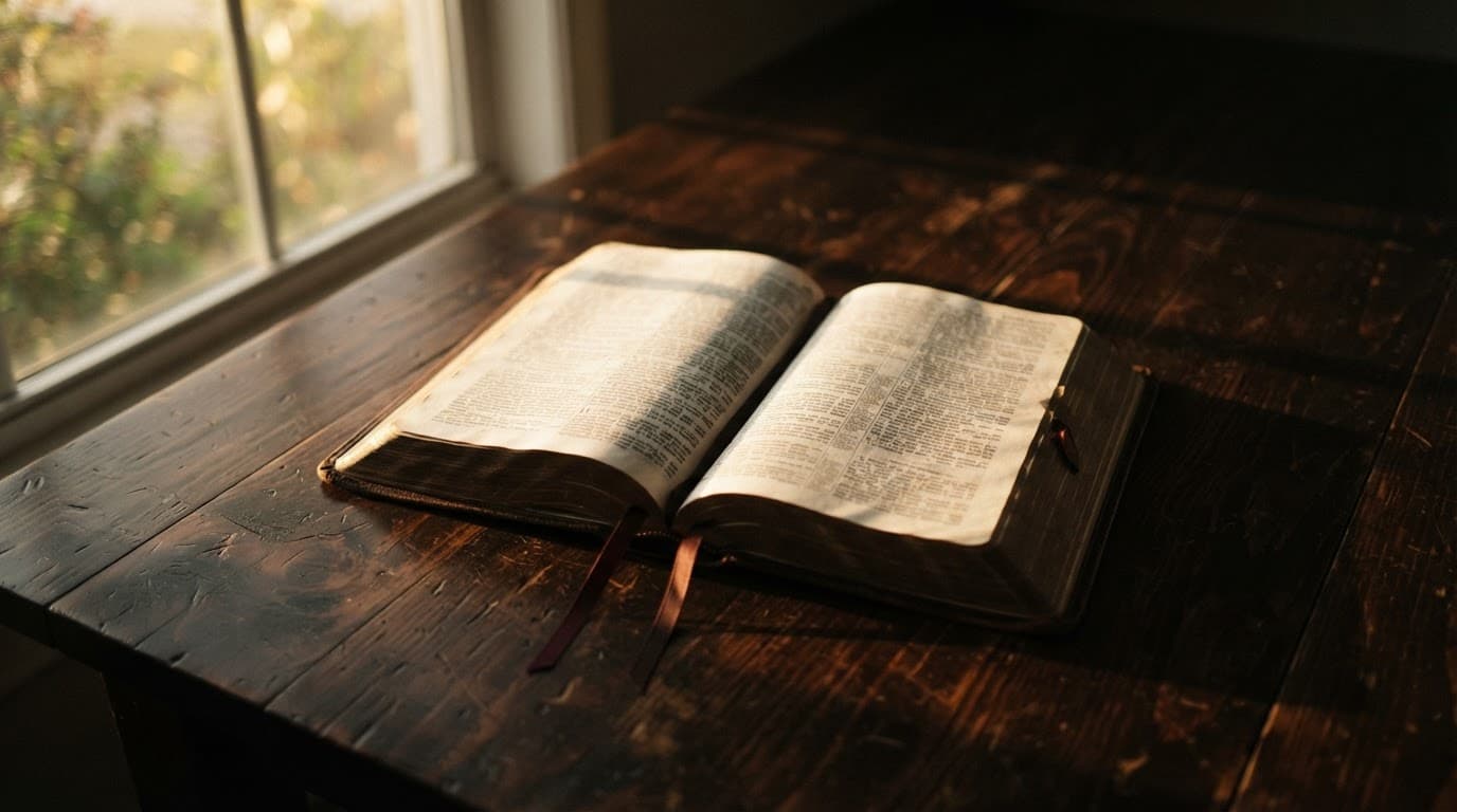 An open Bible on a dark wooden table in warm morning light.