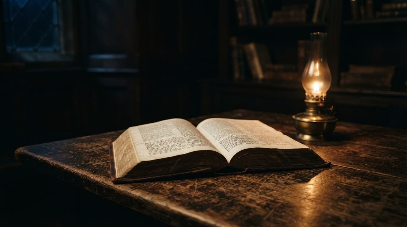 An open Bible and oil lamp sit on a worn wooden table in deep shadow.