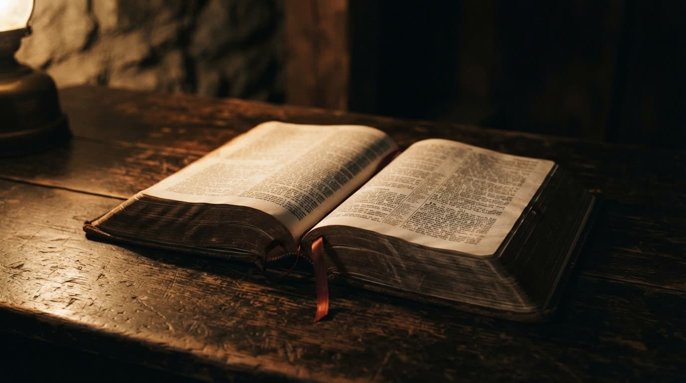 An open leather Bible sits on a dark wooden table in warm lamp light.
