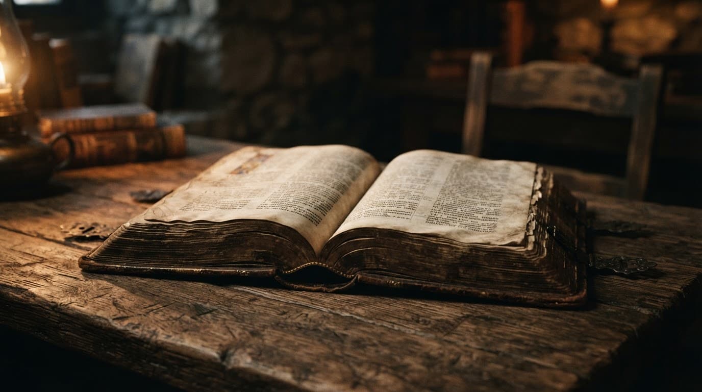 An open leather Bible rests on a rustic wooden table in warm light.