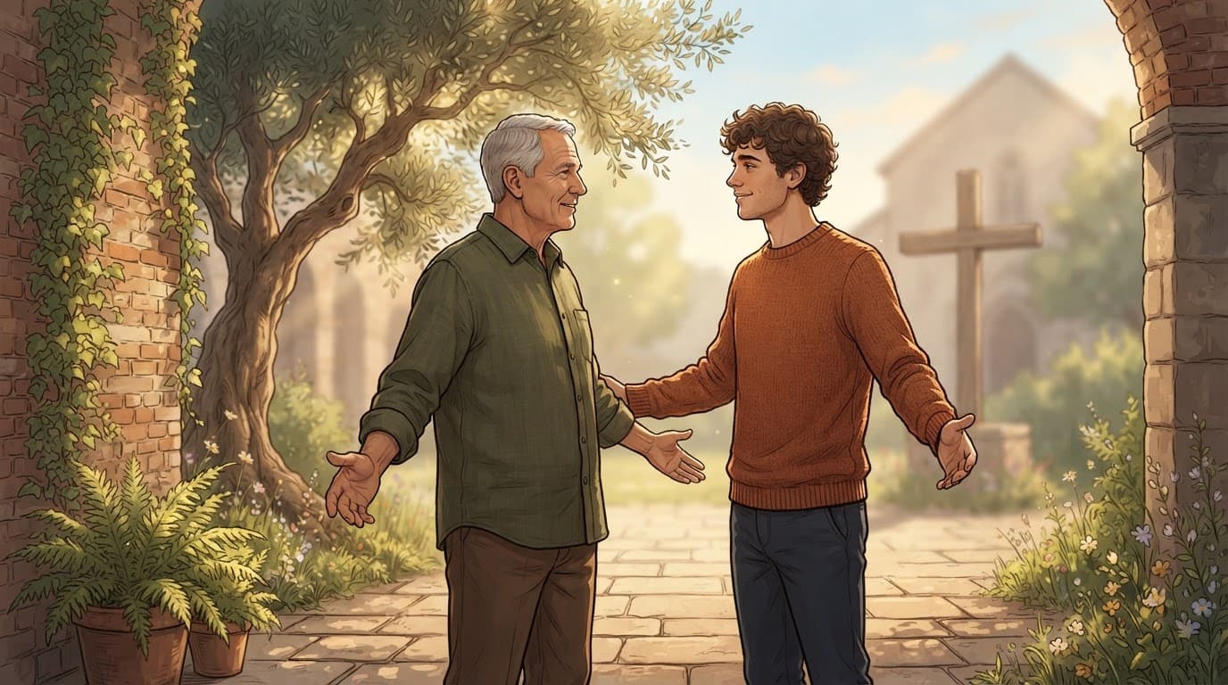 Two people greet peacefully in a sunny church courtyard with a cross behind them.