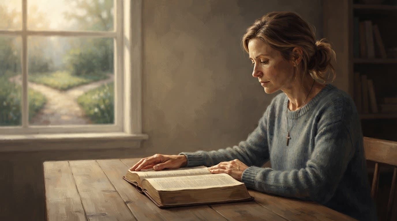 A person prays over an open Bible at a table near a morning-lit window.