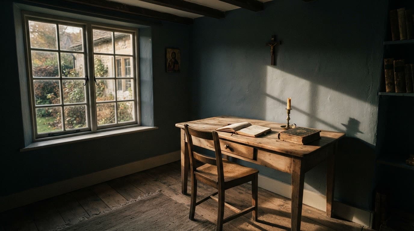 A wooden desk and chair lit by soft window light in a quiet room.