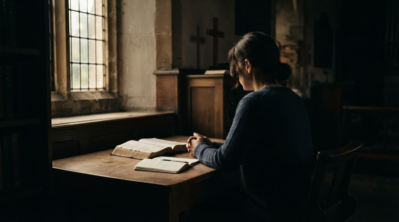 A person sits alone at a desk with an open Bible and notebook in a shadowy church room.