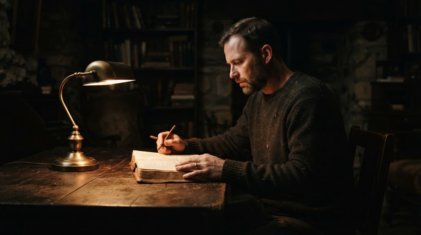 A person reads an open Bible at a wooden table beside a warm desk lamp.