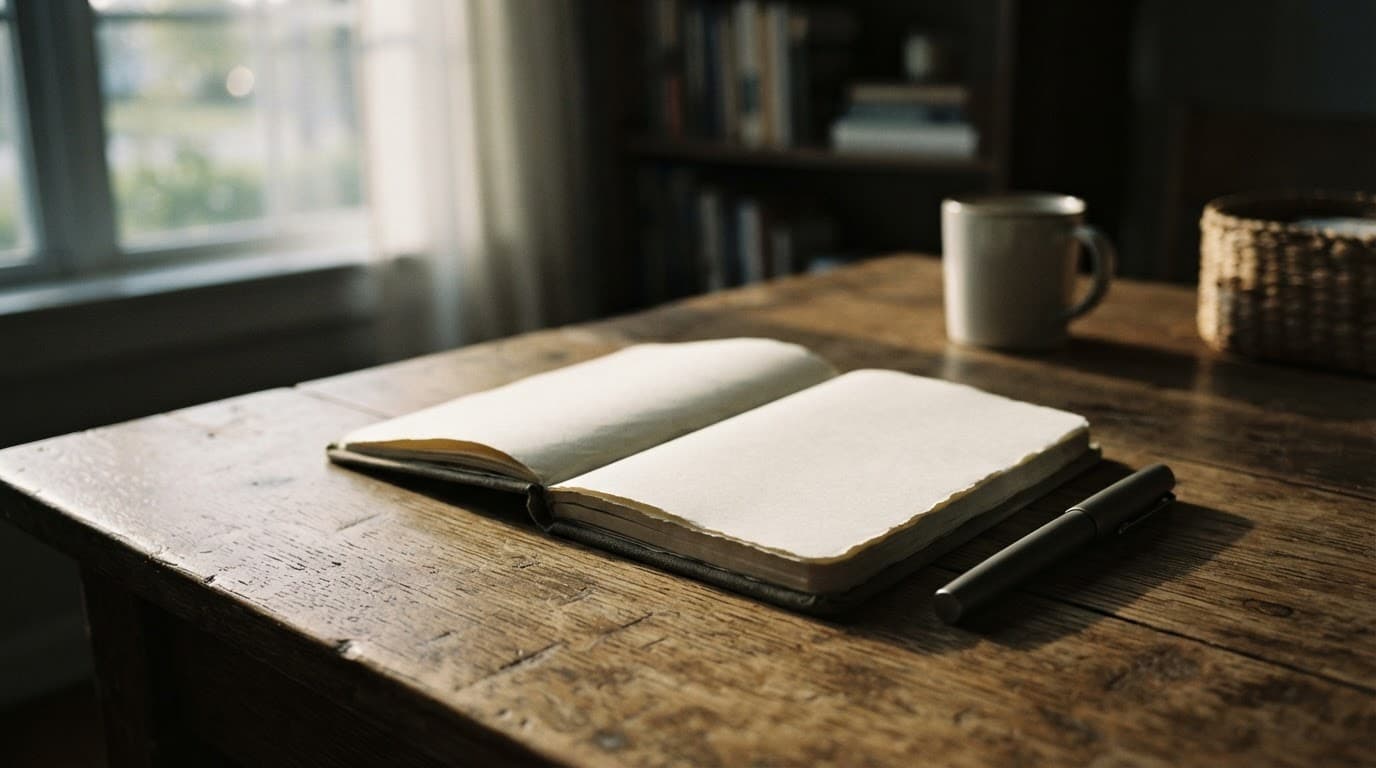 A blank notebook and pen on a wooden desk in soft morning light.