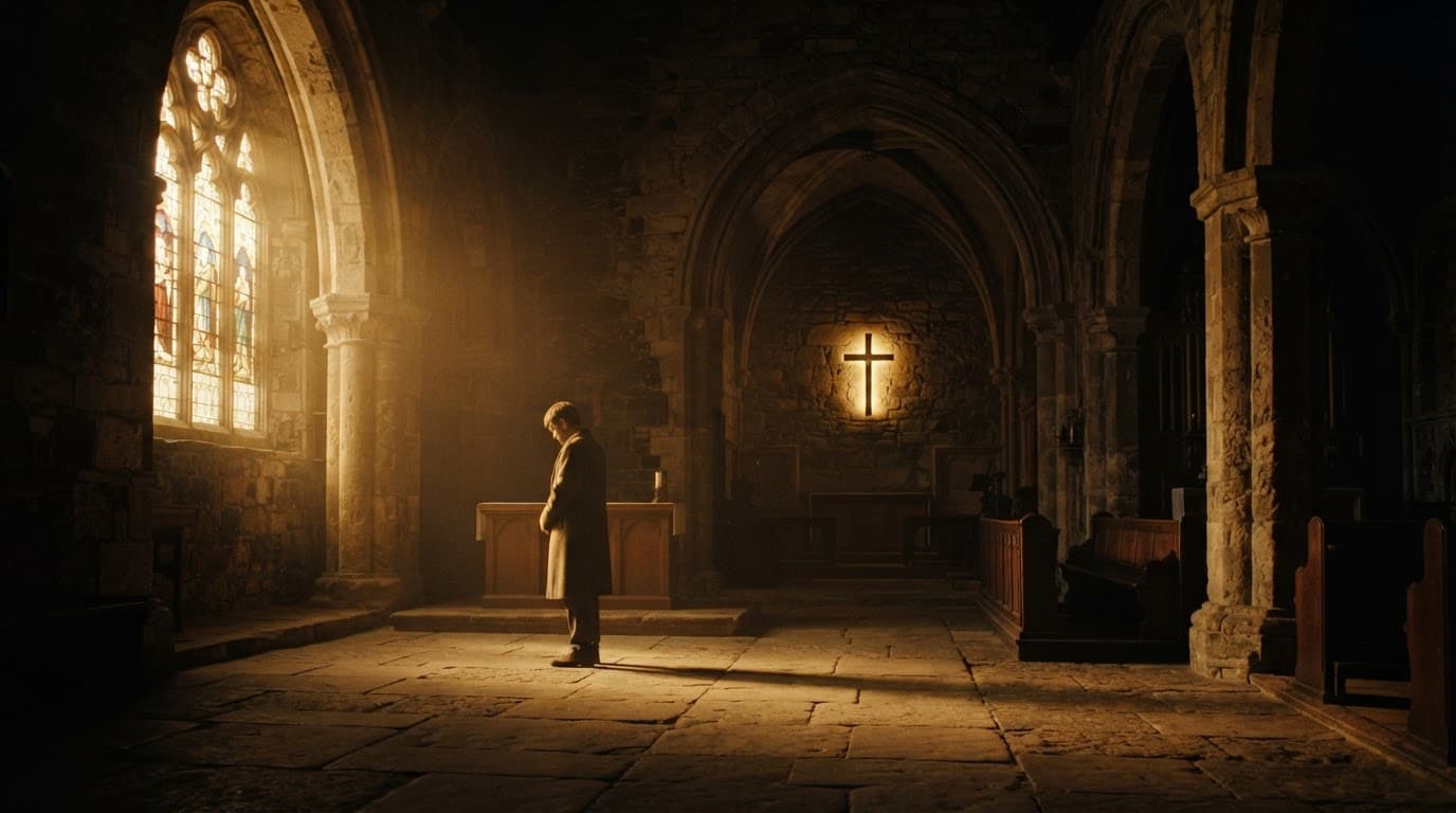 A solitary figure stands in a shadowy stone chapel filled with golden morning light.