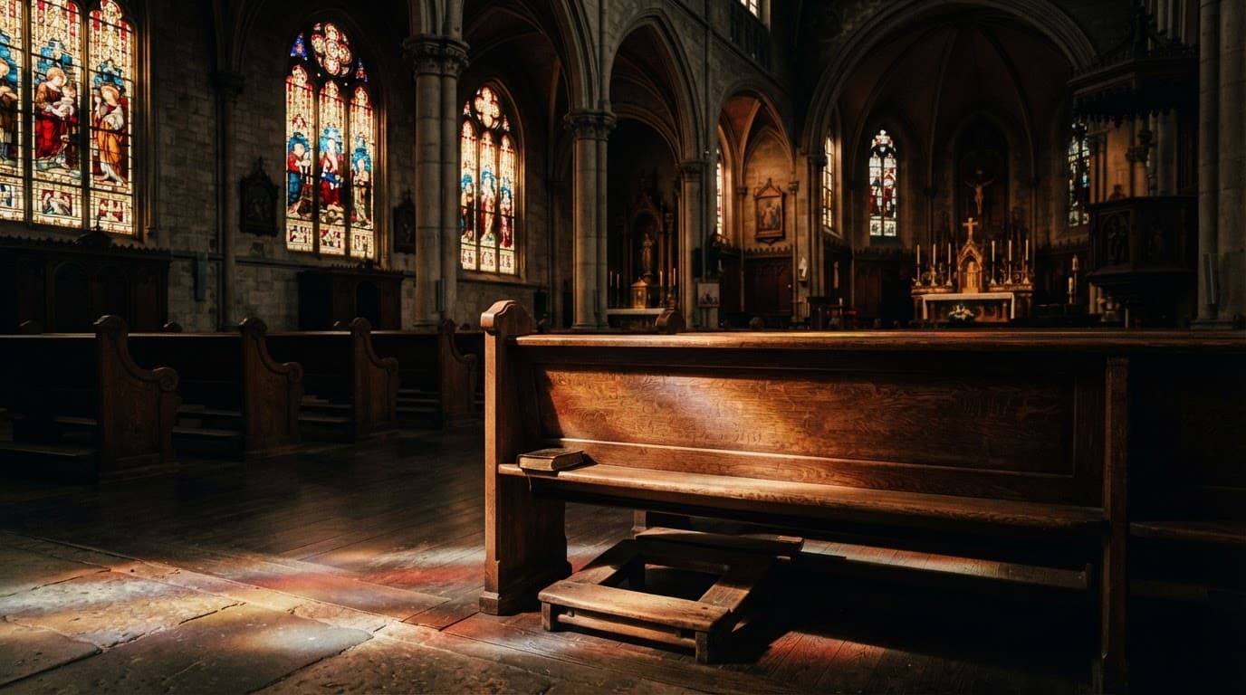 An empty wooden pew in a dim sanctuary lit by stained glass windows.