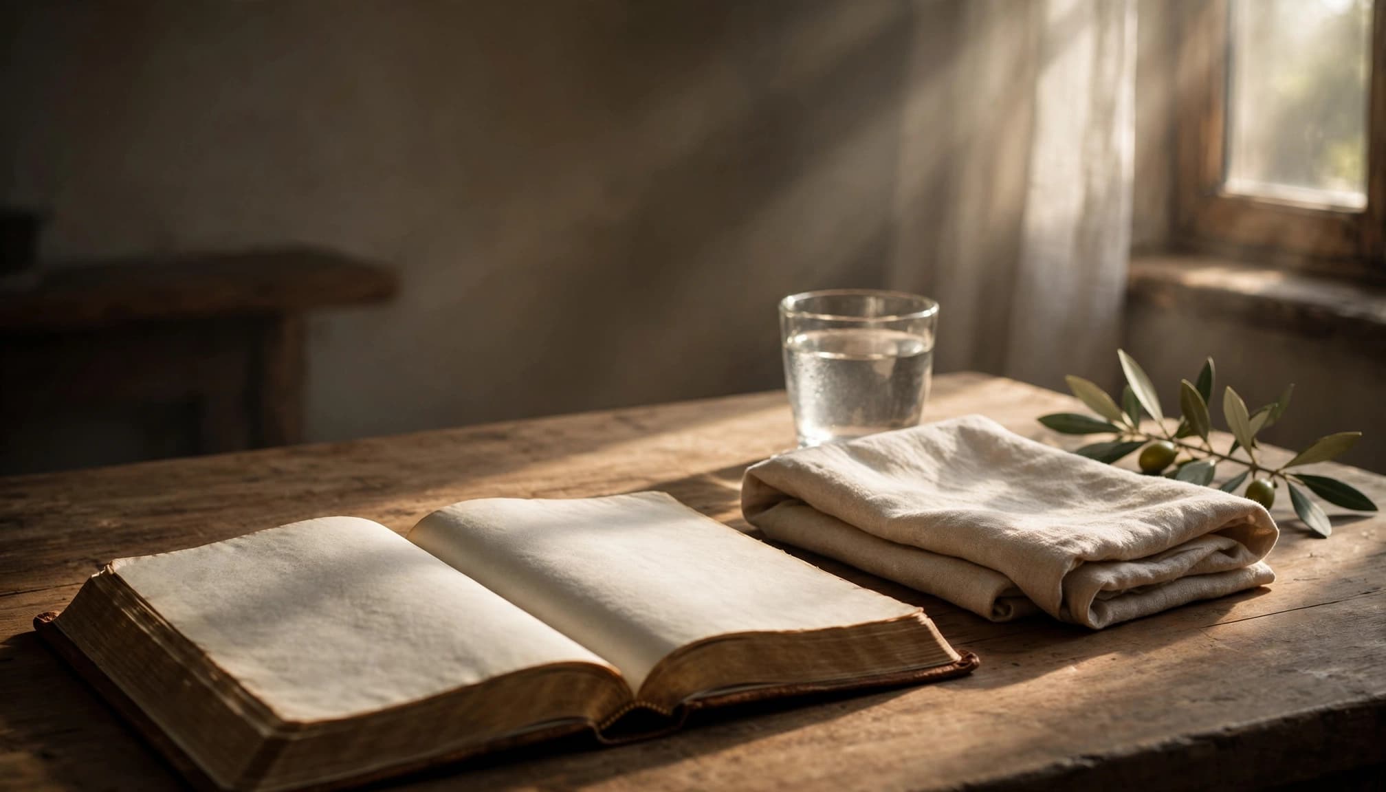 Open Bible beside water, folded linen, and an olive branch in warm morning light.