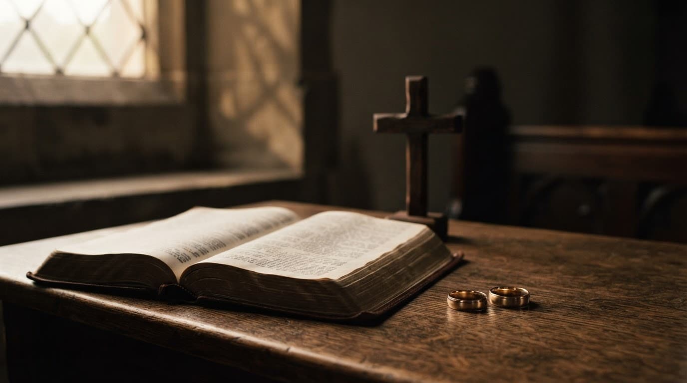 An open Bible with two wedding rings and a wooden cross on a church table.