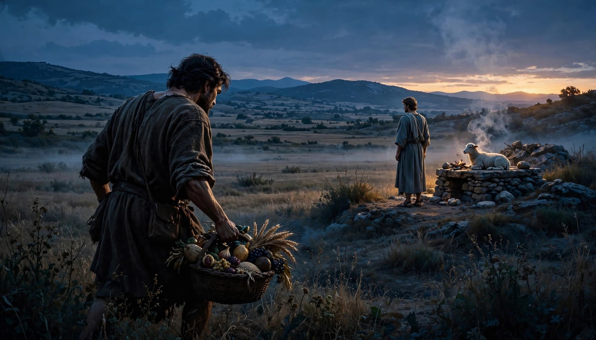 Cain turns away from Abel in an ancient field beside offerings at dusk.