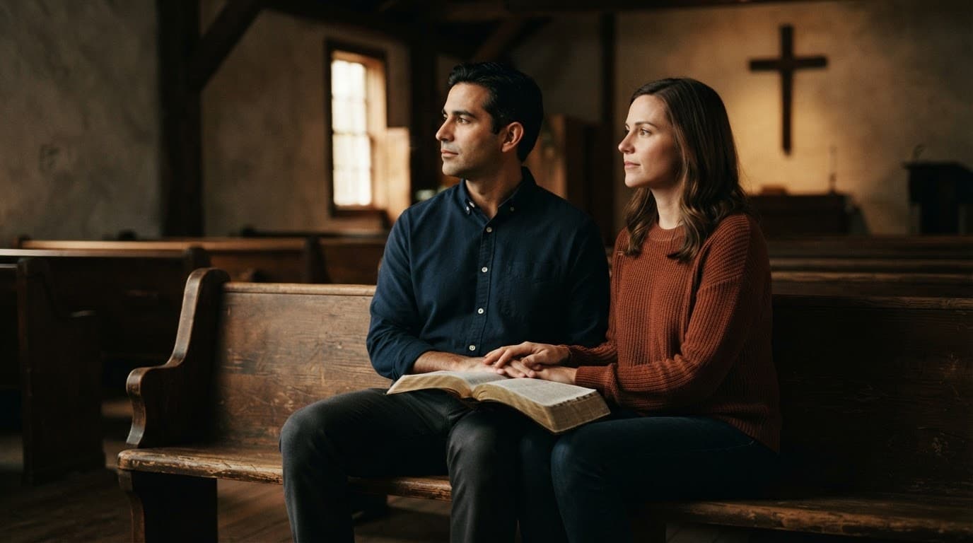 A couple sits together in a church pew with an open Bible beneath a cross.