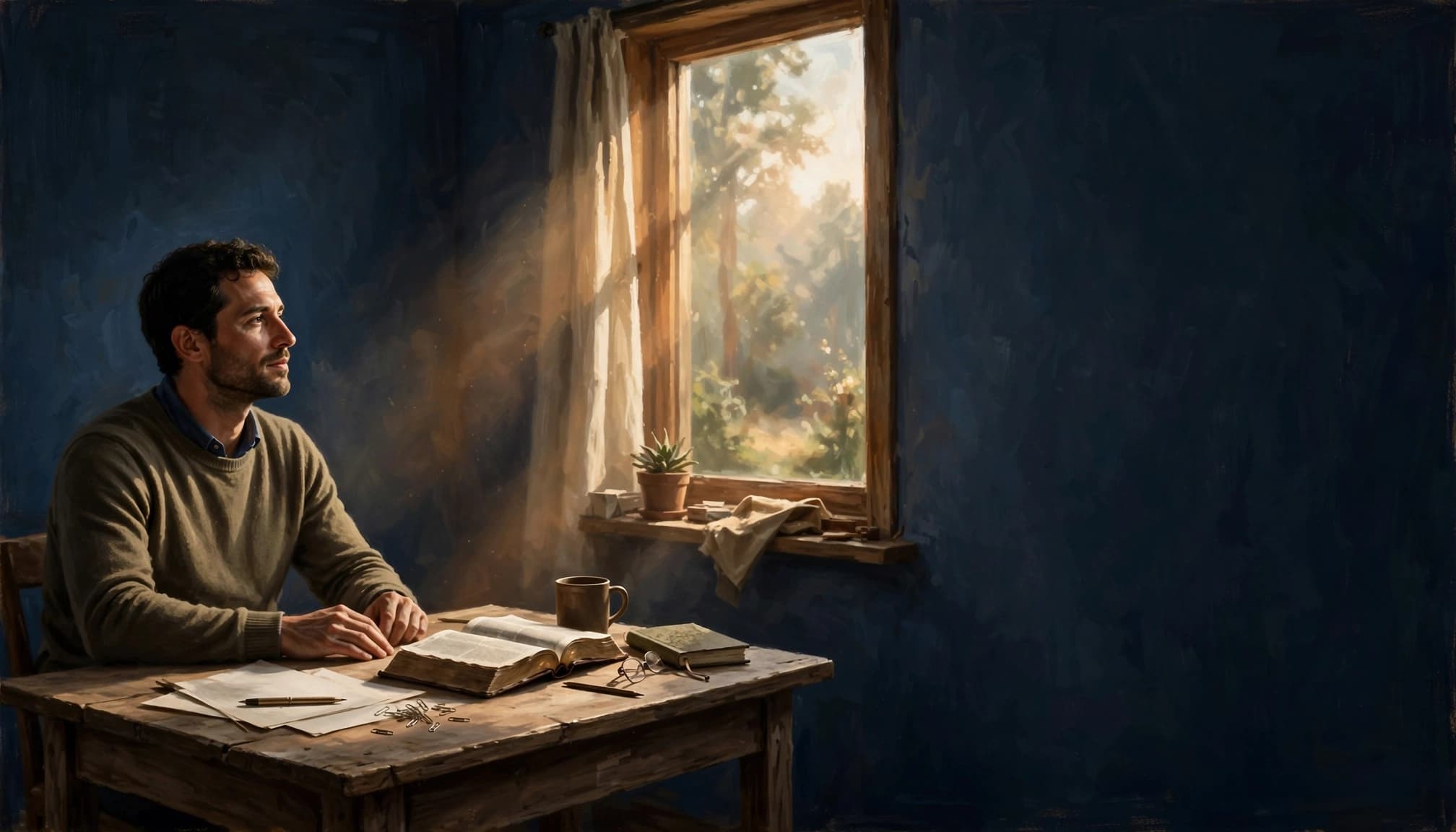 A worker sits at a desk beside an open Bible in warm morning light.