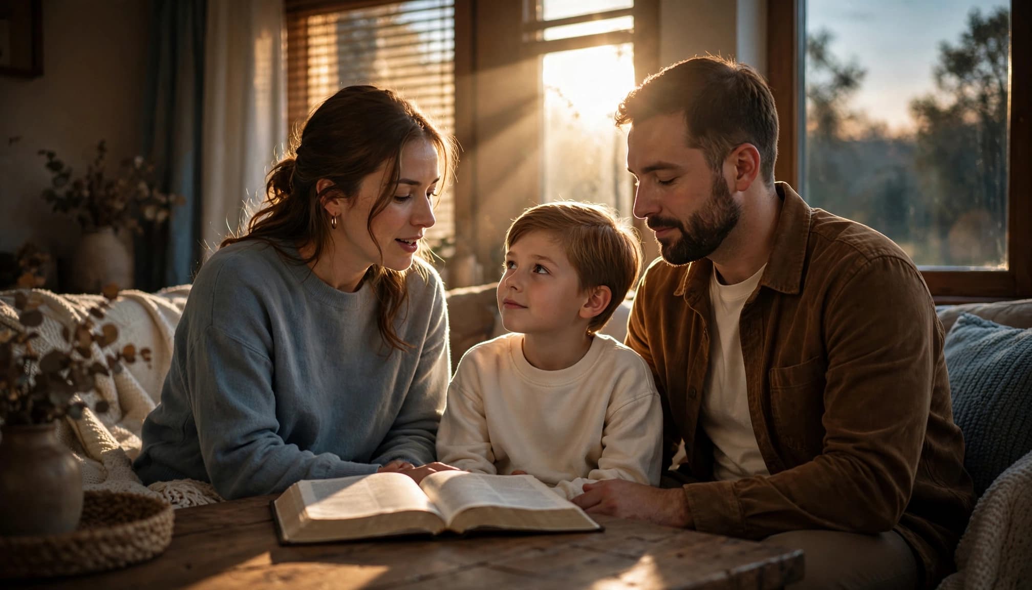 Two parents and a child pray beside an open Bible in a softly lit living room.