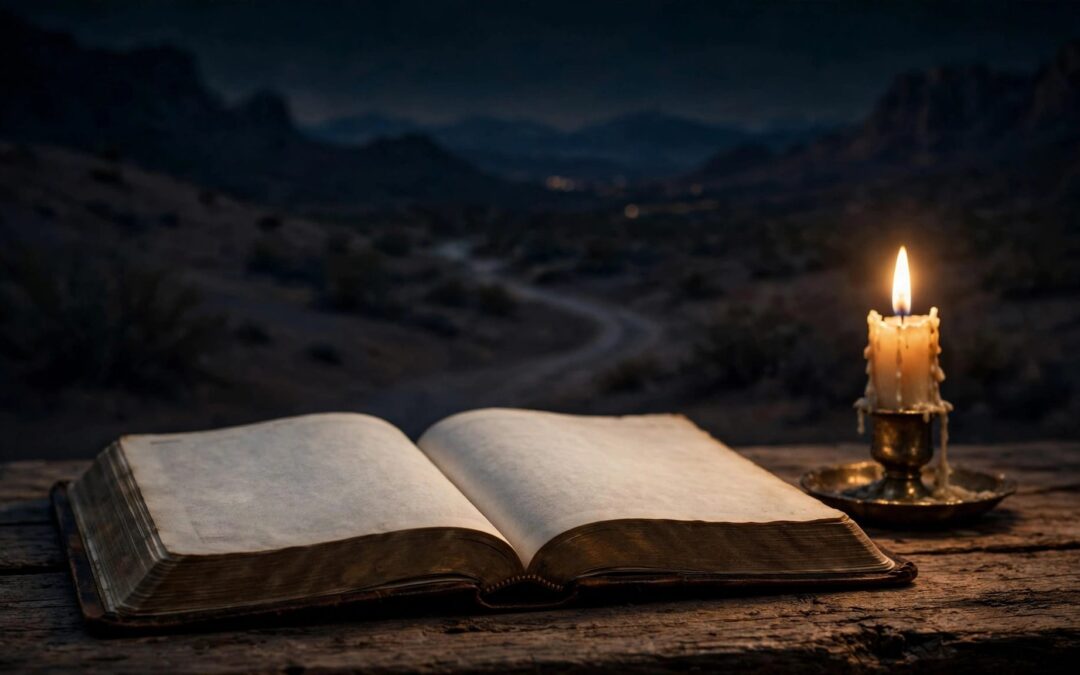 An open Bible sits on a wooden table beside a glowing candle.