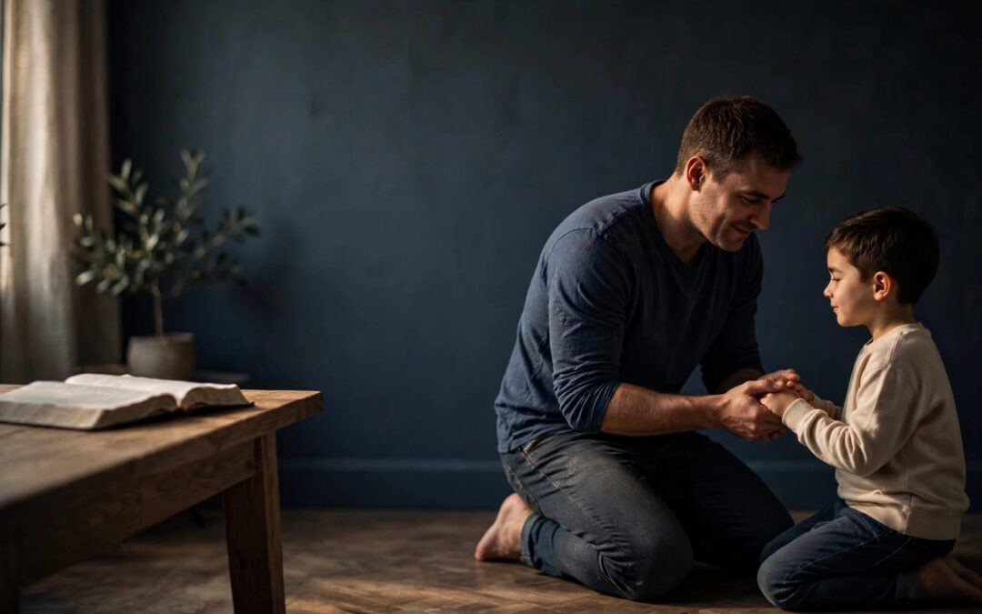 A father holds his son’s hands during a gentle conversation beside an open Bible.