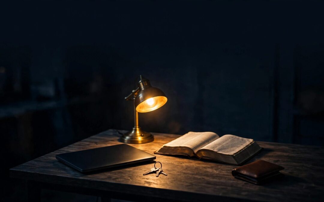 An open Bible, glowing lamp, laptop, keys, and wallet sit on a dark desk.