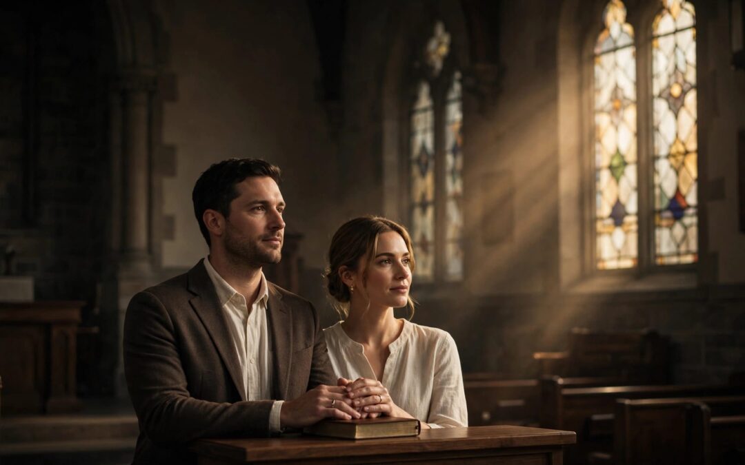 A married couple joins hands over a Bible and wedding rings in a sunlit church.