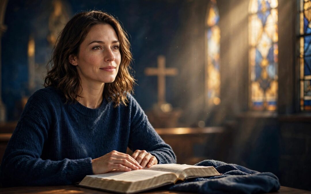 A woman reflects beside an open Bible in a sunlit church sanctuary.