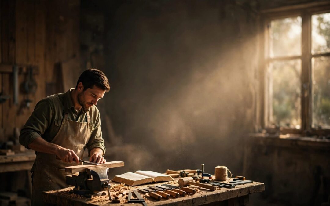 A carpenter shaping wood beside an open Bible in a warm, sunlit workshop.