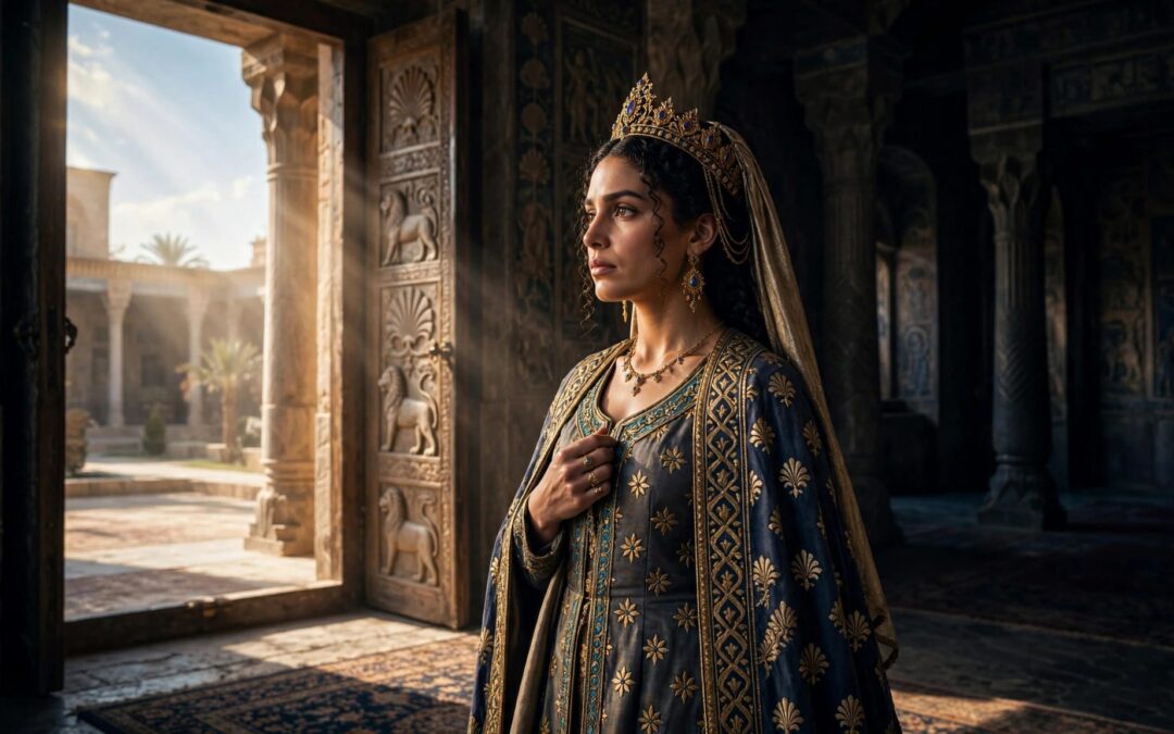 Esther stands in a palace doorway, her hand near her heart.