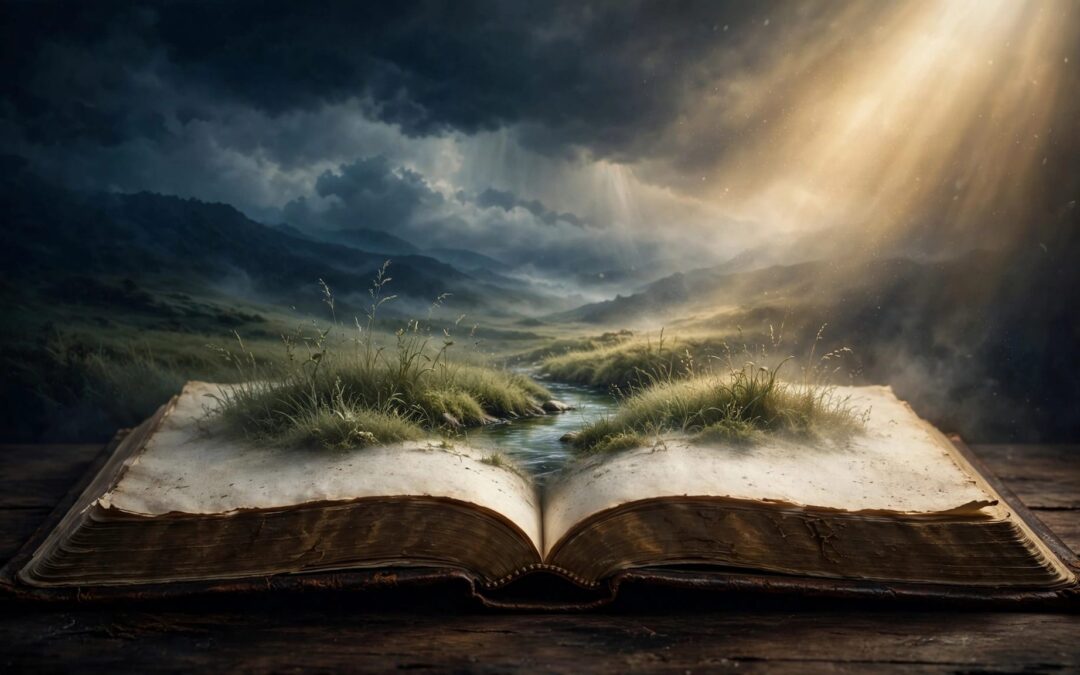 An open Bible glows beside images of grasses, a stream, and storm clouds.