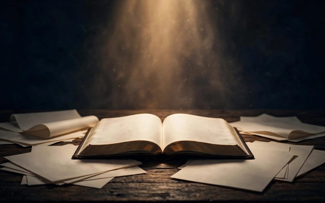 An open Bible sits on a dark wooden desk in warm light.