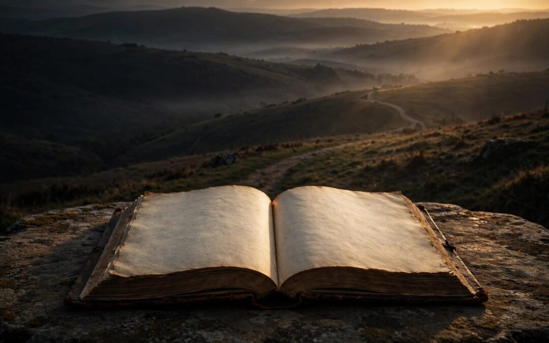 An open blank book on a stone table overlooks shadowed hills and a winding path.