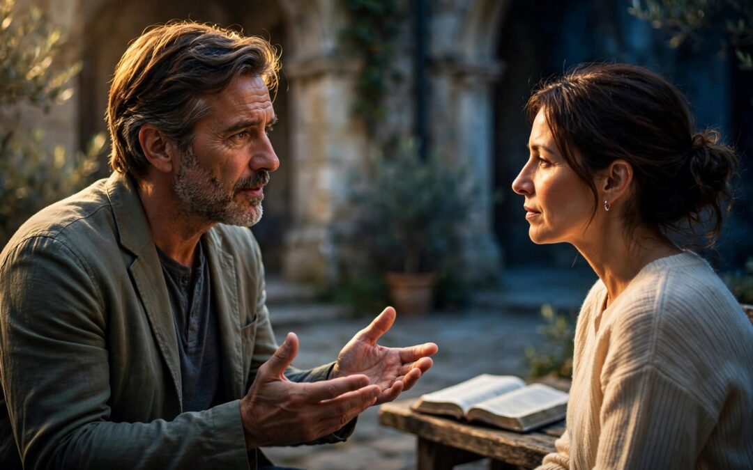 A man and woman share a sincere conversation beside an open Bible in a church courtyard.