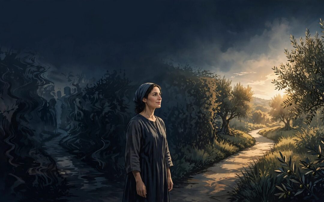 A woman chooses a sunlit garden path beside an olive tree.