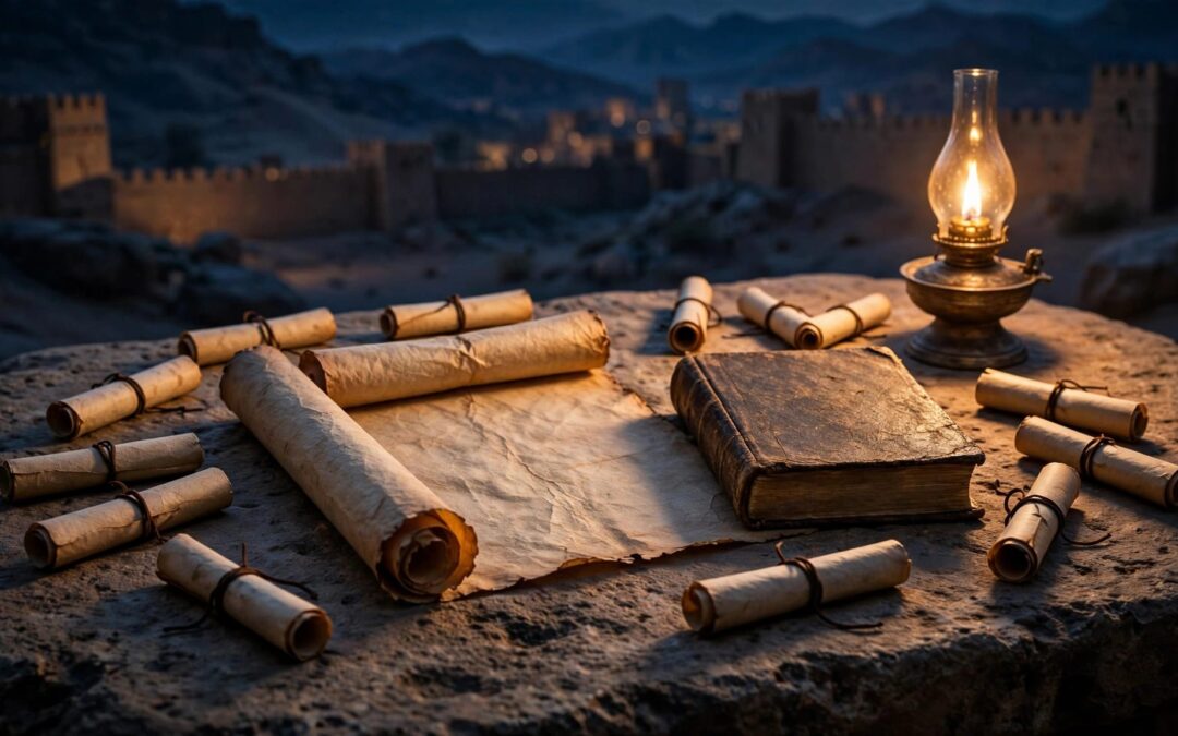 An open scroll and Bible surrounded by parchment scrolls on a stone table.