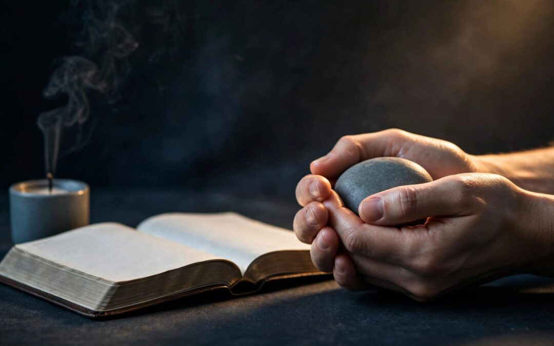 Clasped hands hold a smooth stone beside an open Bible and extinguished flame.