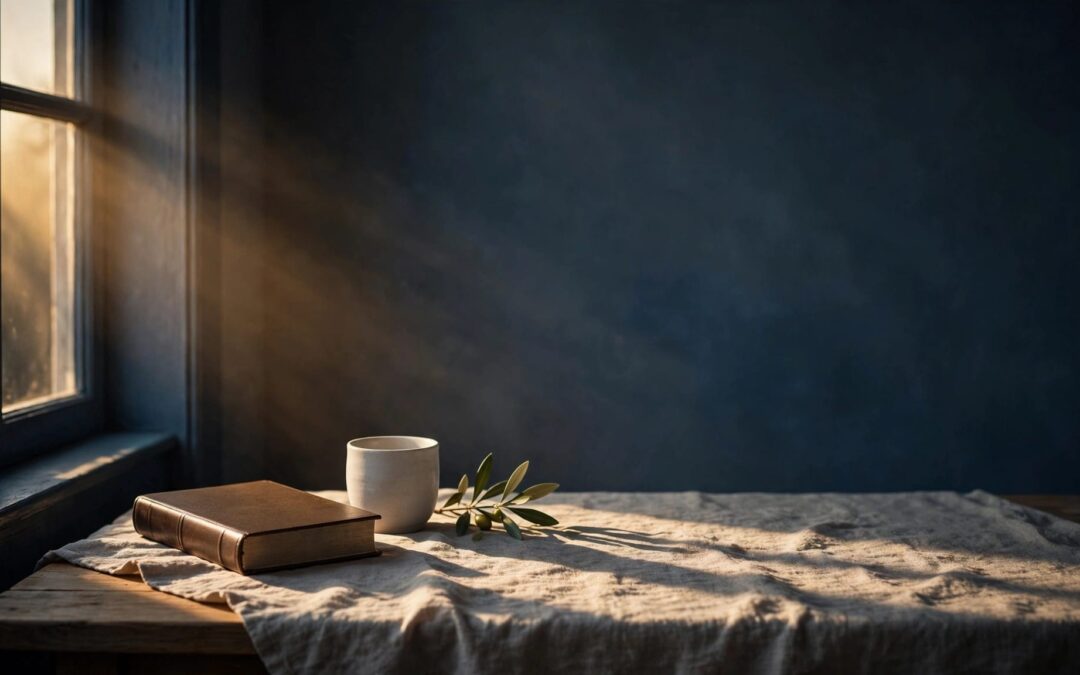 A closed Bible, cup, and olive branch sit on a sunlit wooden table.