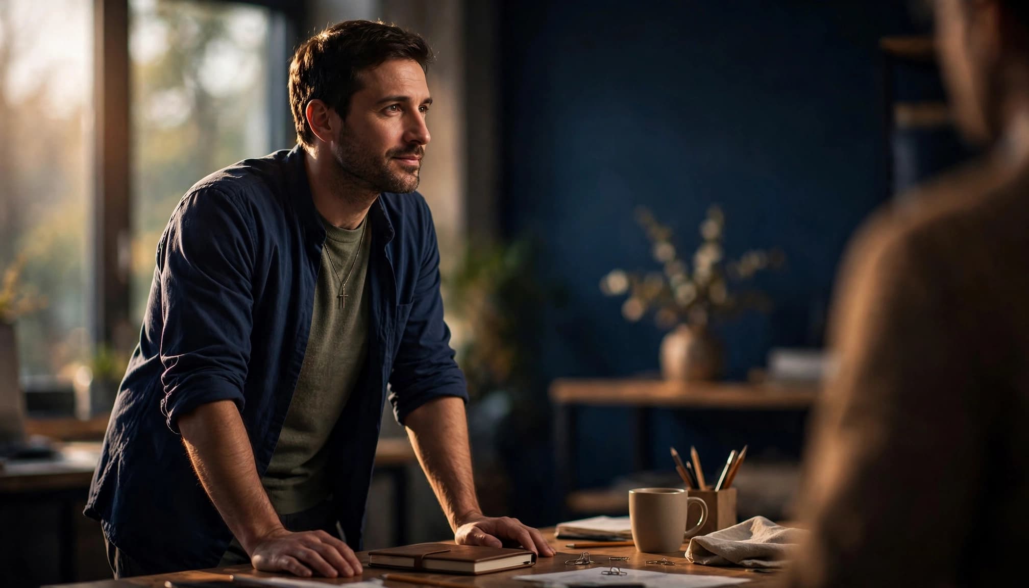 A Christian employee listens beside a shared table as another person's shoulder appears blurred.