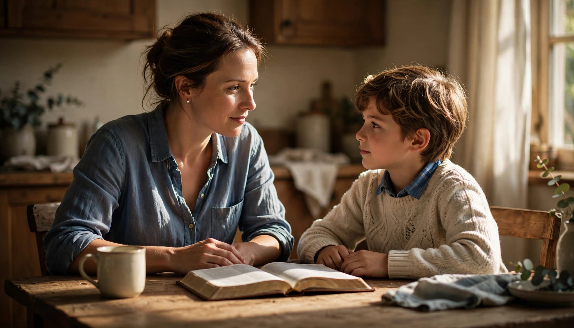 A parent and child calmly talk across a kitchen table with an open Bible.