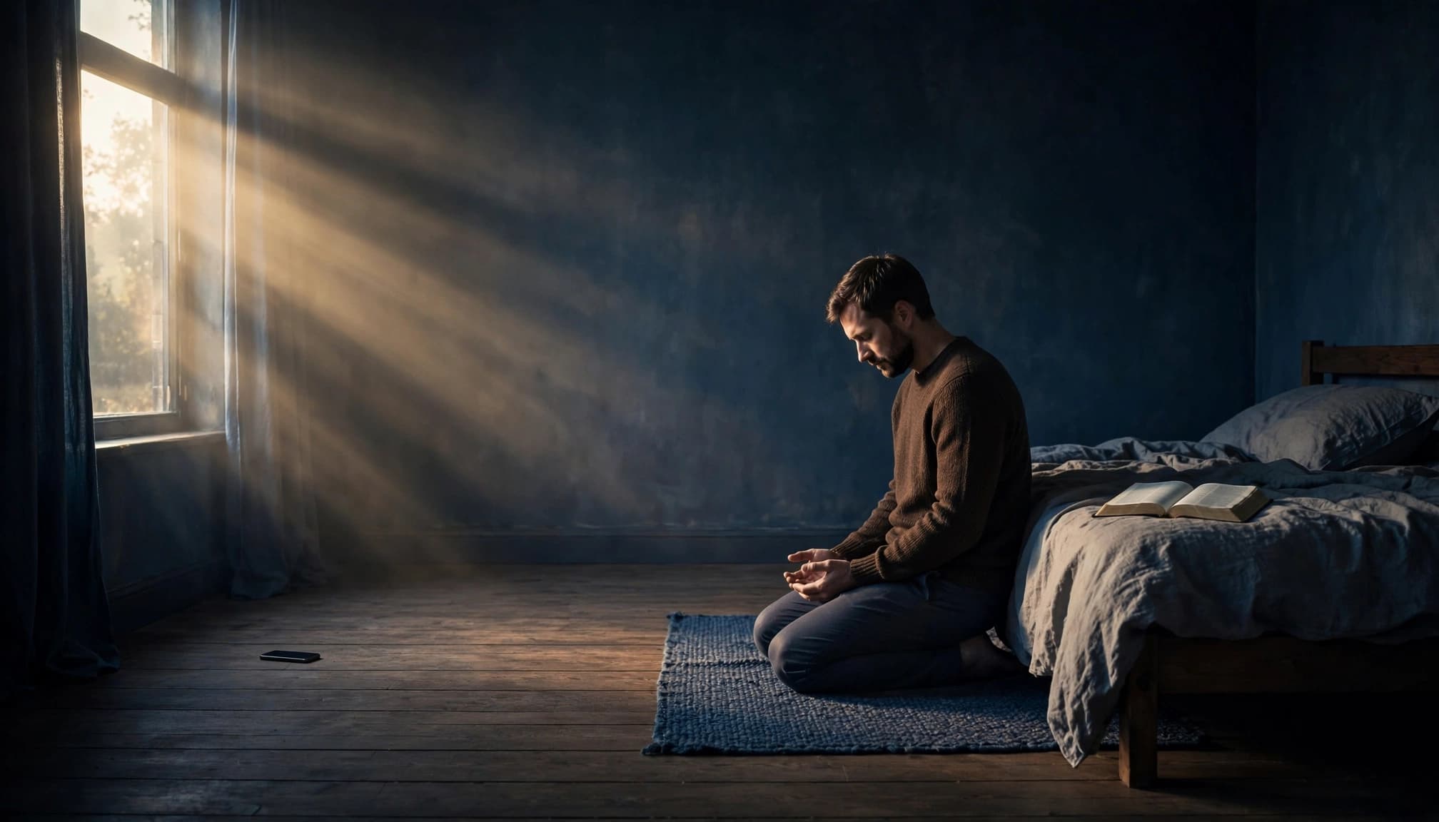 A person kneels beside a bed near an open Bible and a face-down phone.