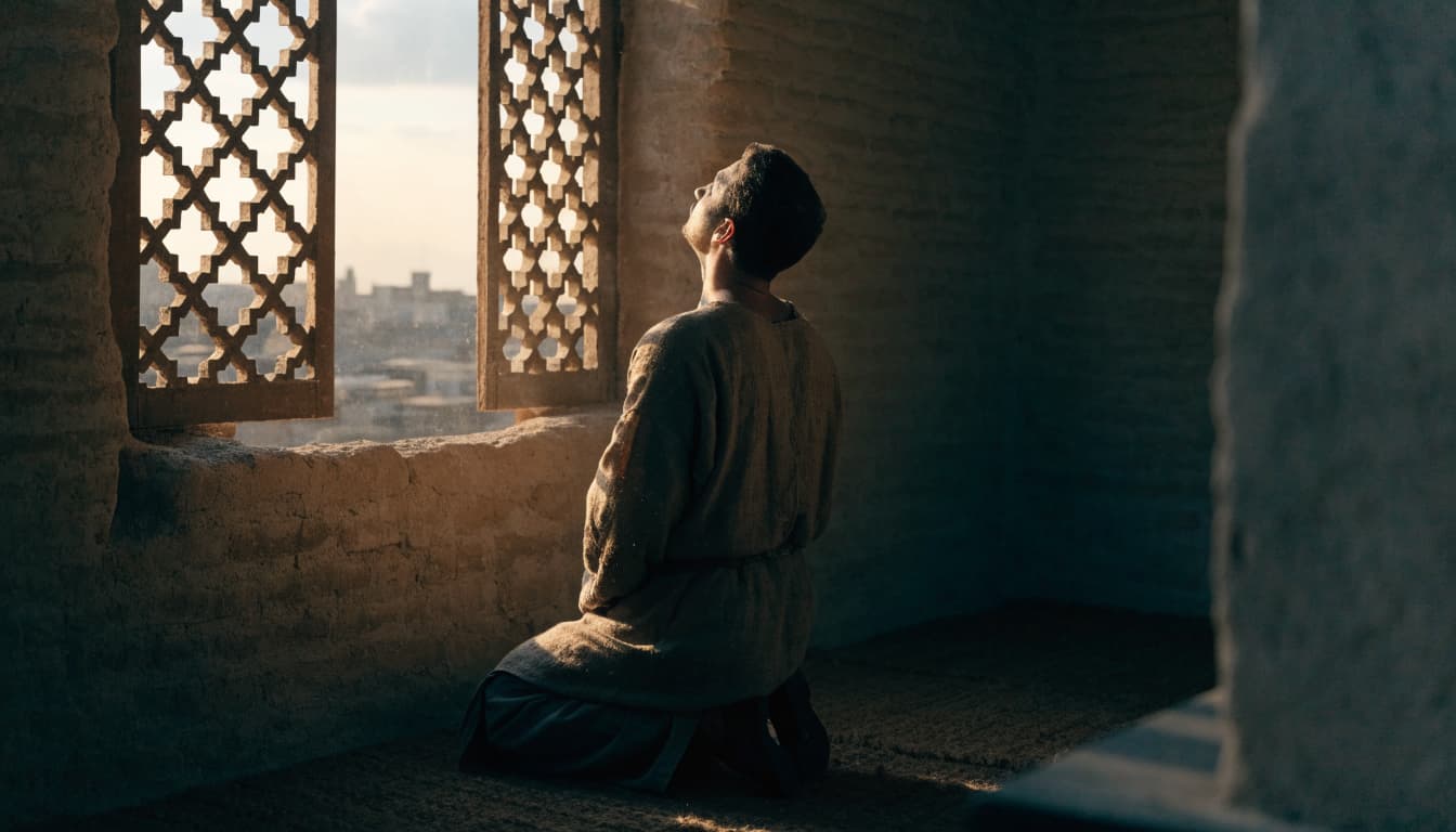 A man in a tunic kneeling in prayer by an open lattice window.