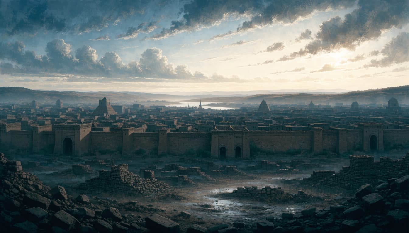 Wide elevated view of the ancient city of Nineveh at dawn with stone walls and distant hills.