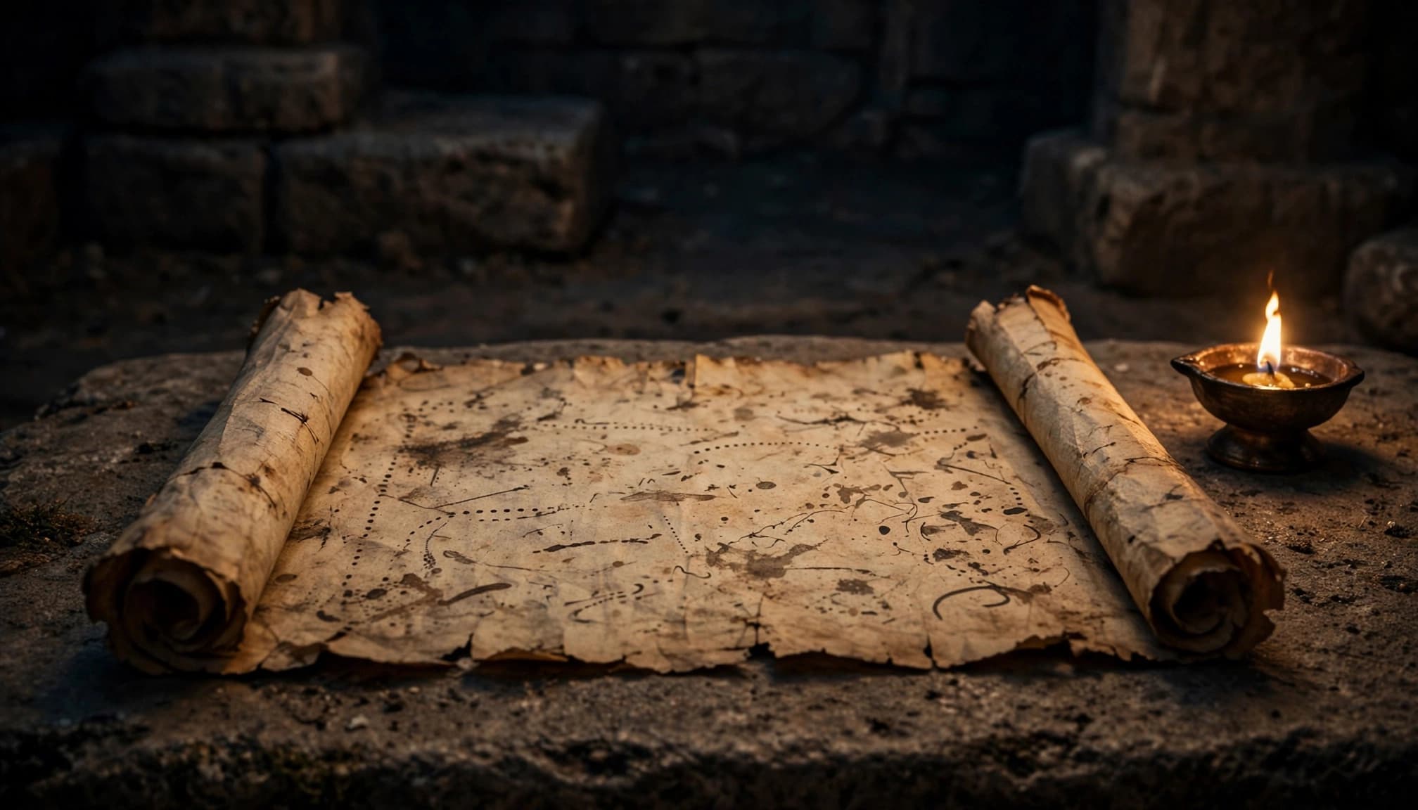 An open ancient scroll rests on a stone surface beside a small lit oil lamp in a dim chamber.