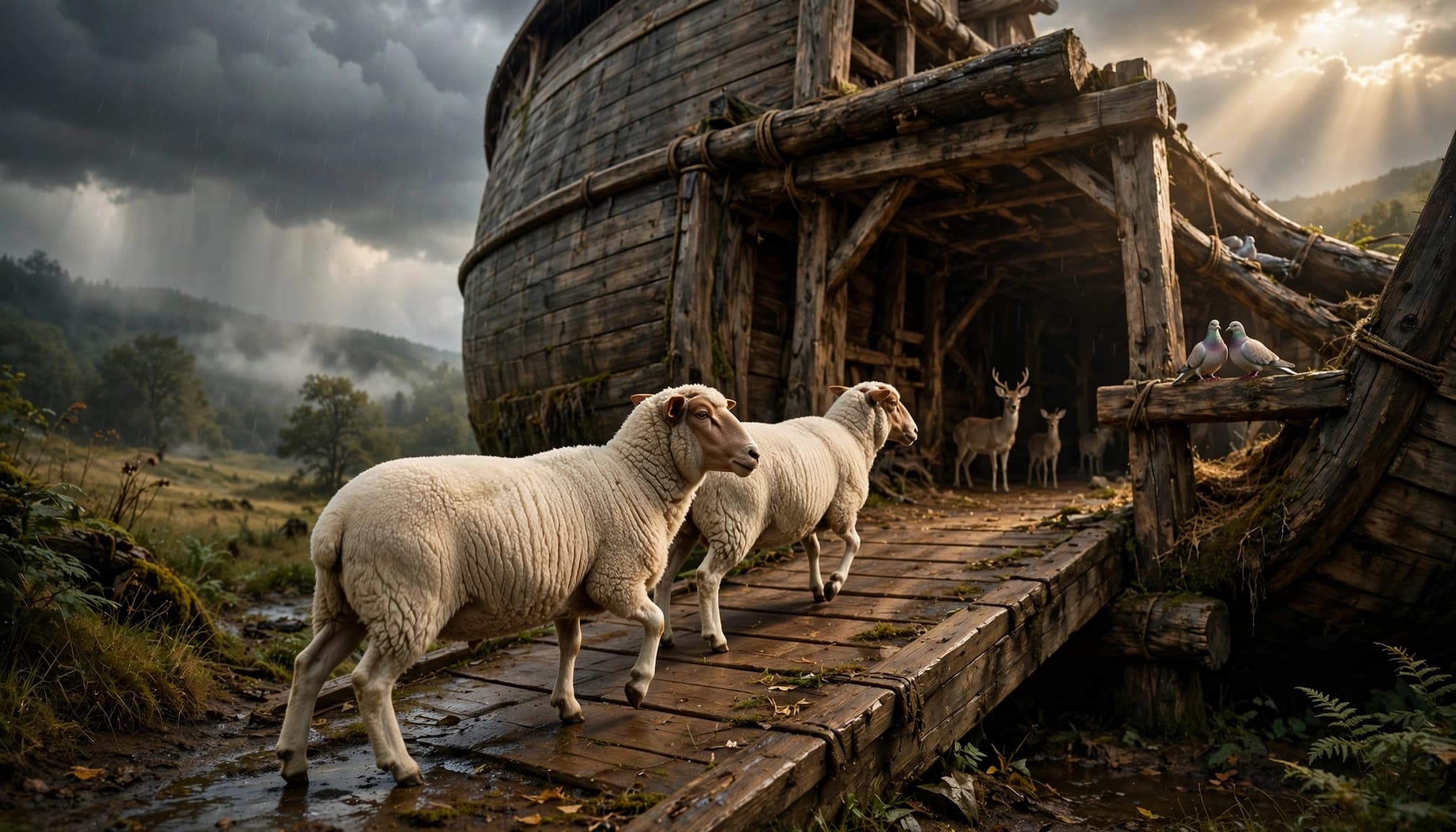 Two sheep walk up a wooden ramp toward a large ark under a clearing storm sky.