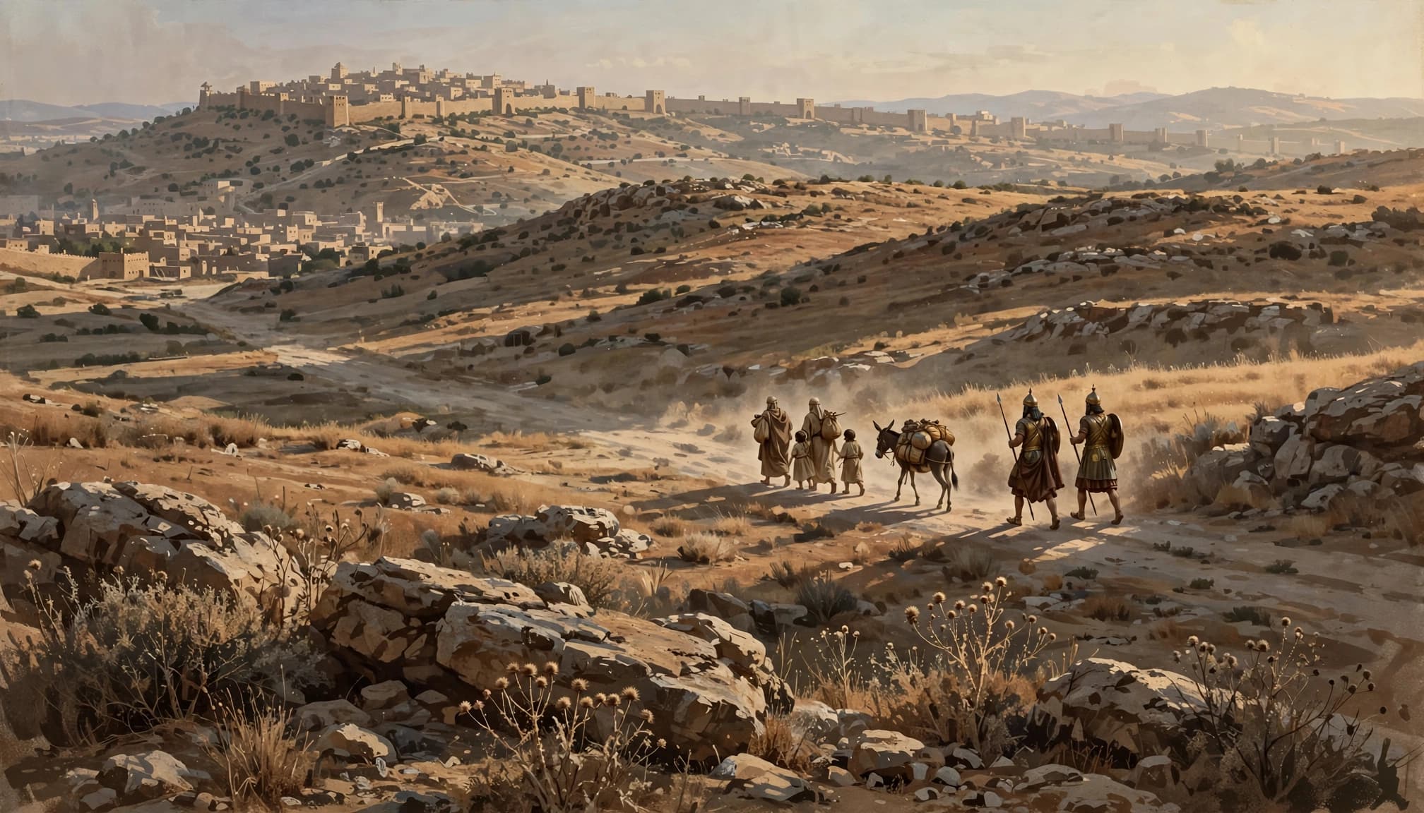 A group of people and a donkey walking along a dusty road in a hilly landscape with a walled city in the background.