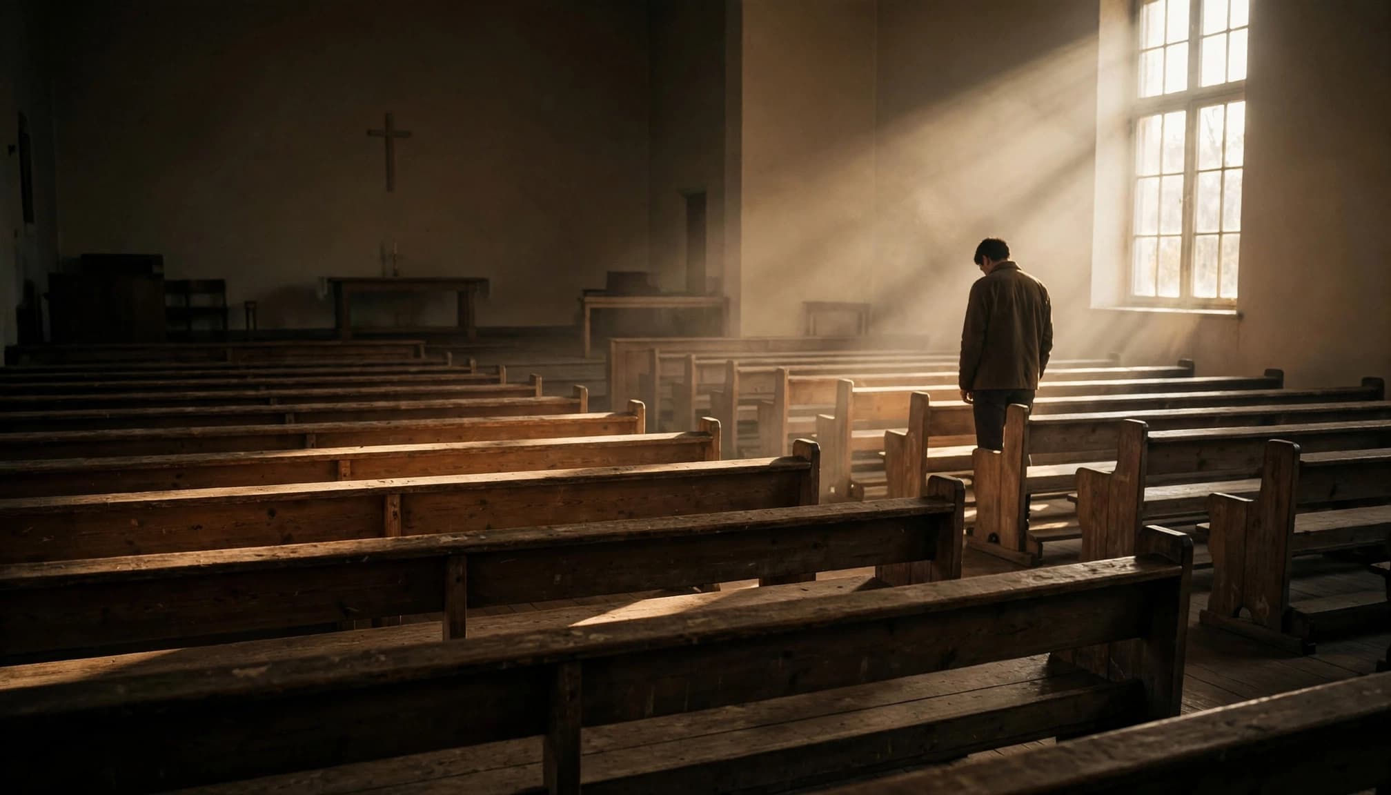 A person stands alone in prayer inside a quiet, sunlit church with wooden pews.