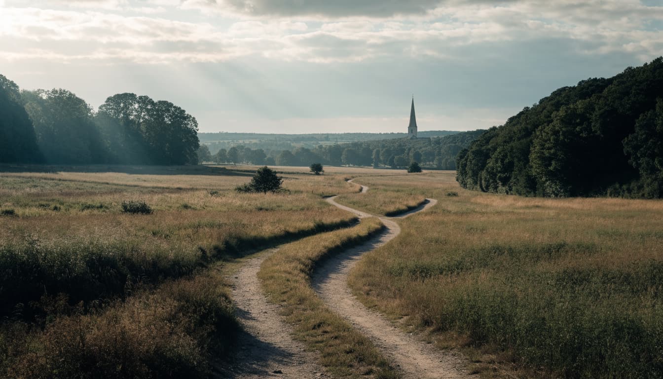 A quiet country path divides through grassy fields toward a distant church steeple under morning light.