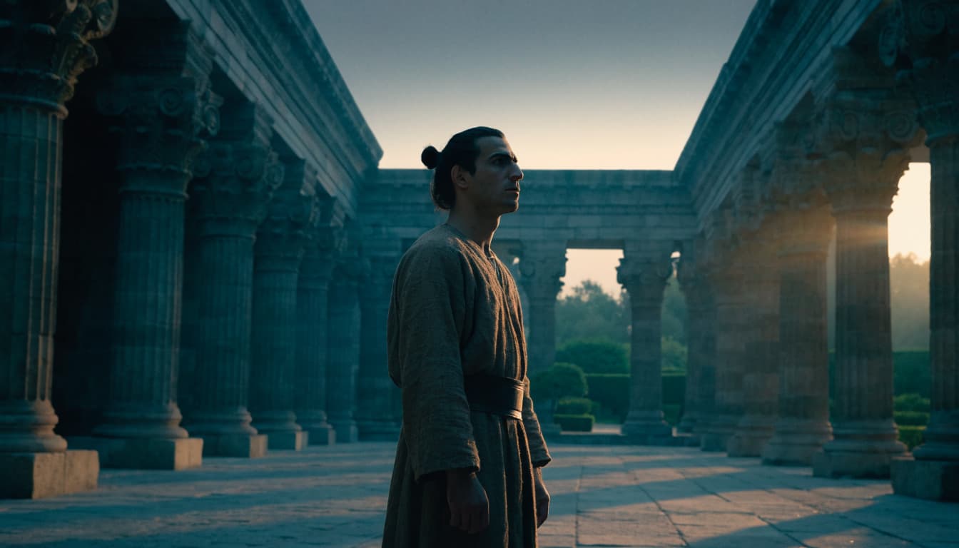 A man in ancient robes stands among stone columns at dusk.